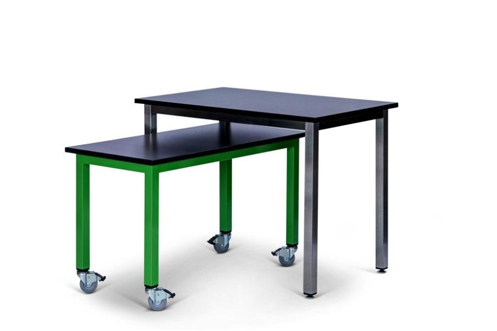 Maker Tables - phenolic resin surface, nested, stainless vs powder coated bases, and with vs without caster/levelers