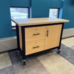 maker storage table with black powder coat + butcher block surface