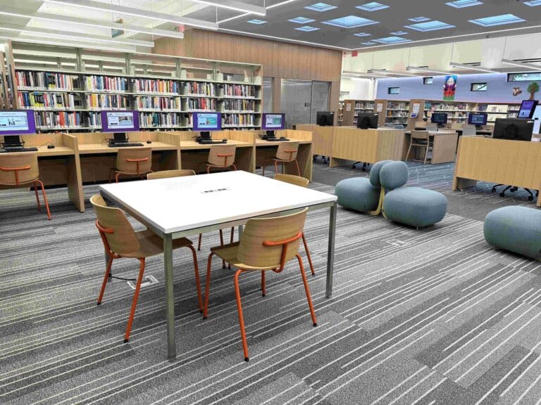 skware tables with in-surface power & wire-management leg, paramount public library